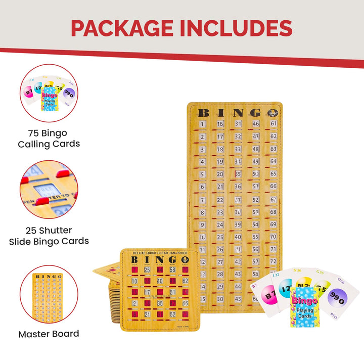 Complete bingo game includes deck of bingo calling cards, 25 rapid reset shutter slide bingo cards, and shutter card style bingo master board