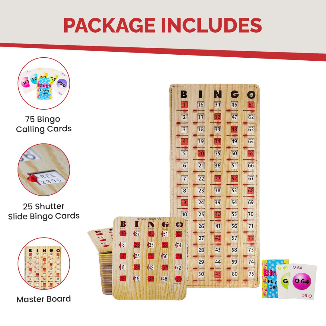 Complete bingo game includes deck of bingo calling cards, 25 shutter slide bingo cards, and shutter card style bingo master board