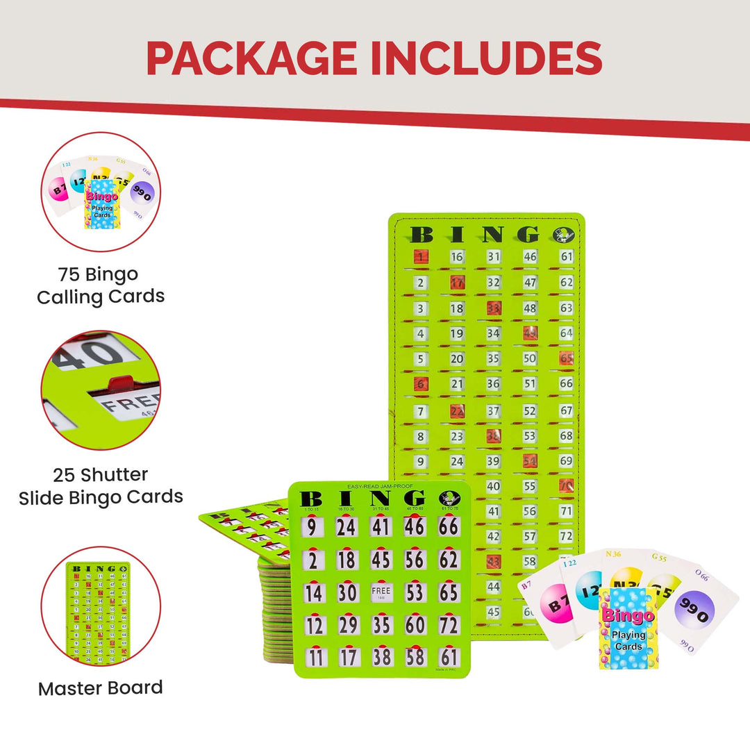 Complete bingo game includes deck of bingo calling cards, 25 Easy Read 9” x 8” shutter slide bingo cards, and shutter card style bingo master board