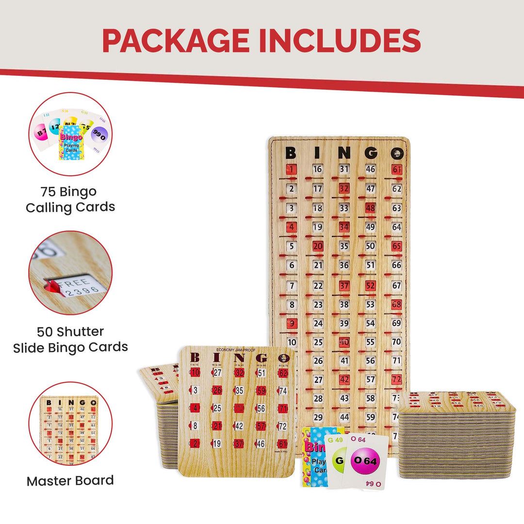 Complete bingo game includes deck of bingo calling cards, 50 shutter slide bingo cards, and shutter card style bingo master board