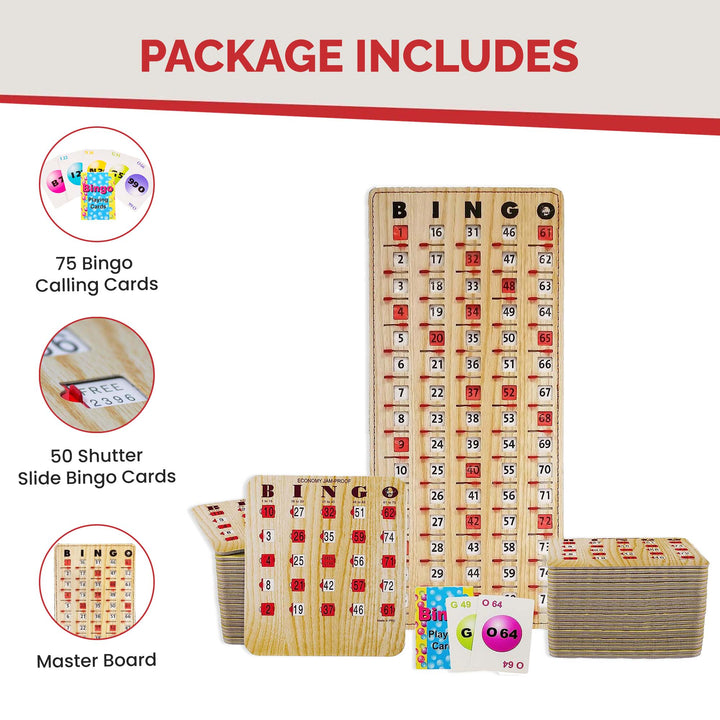 Complete bingo game includes deck of bingo calling cards, 50 shutter slide bingo cards, and shutter card style bingo master board