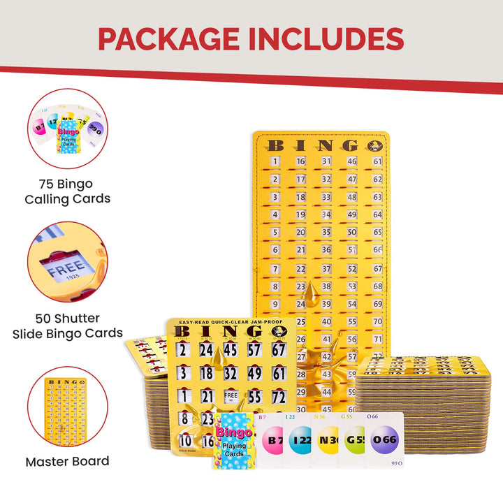 Complete bingo game includes deck of bingo calling cards, 50 Easy Read 9” x 8” shutter slide bingo cards, and shutter card style bingo master board