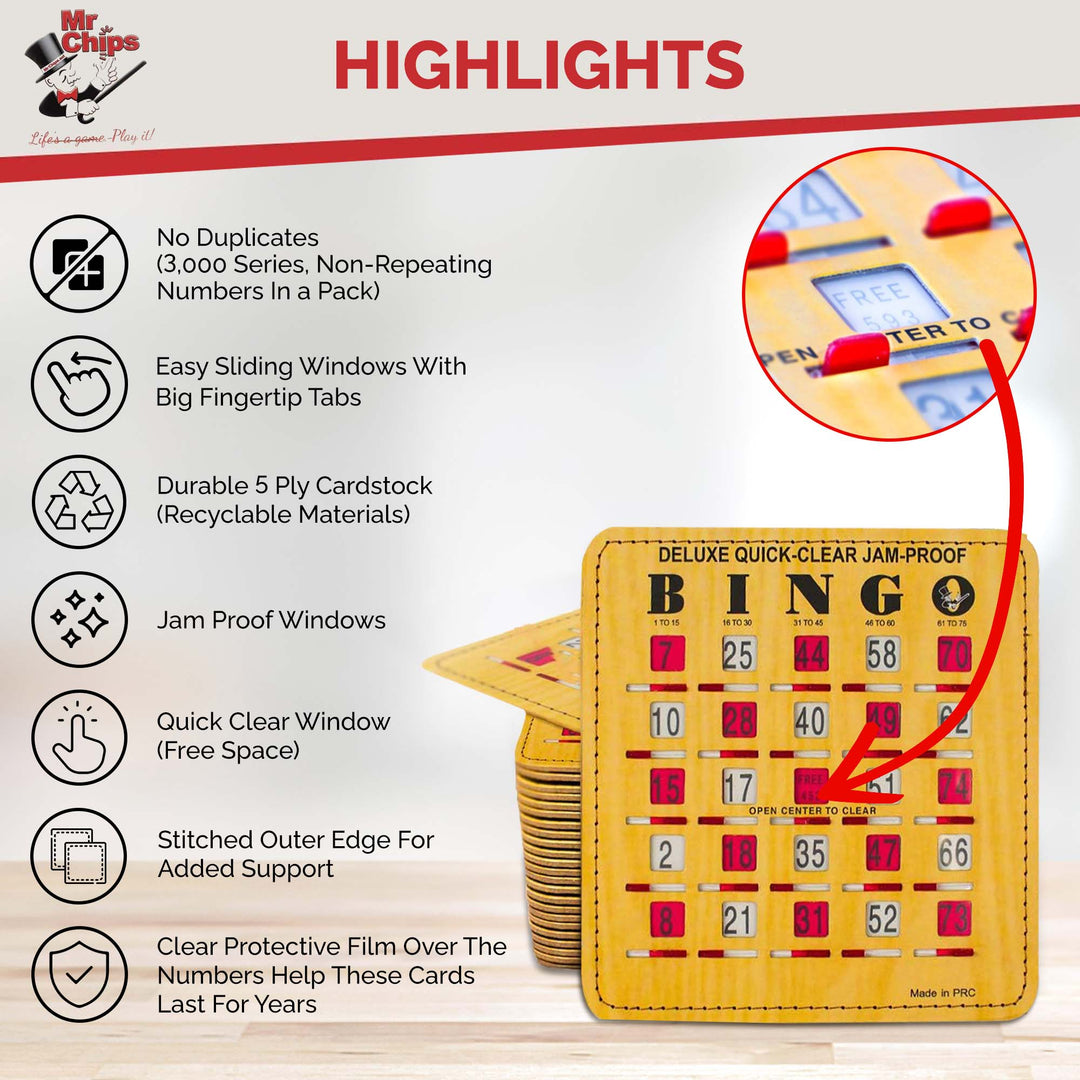 Mr. Chips offers non-repeating bingo slide cards, easy sliding windows with big fingertip tabs, Quick Clear window for rapid reset games, clear protective film, durable cardstock using recyclable materials, and JAM PROOF windows.