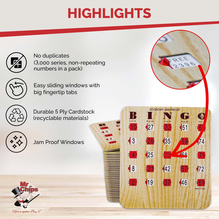 Mr. Chips offers non-repeating bingo slide cards, easy sliding windows with big fingertip tabs, durable cardstock using recyclable materials, and JAM PROOF windows. 