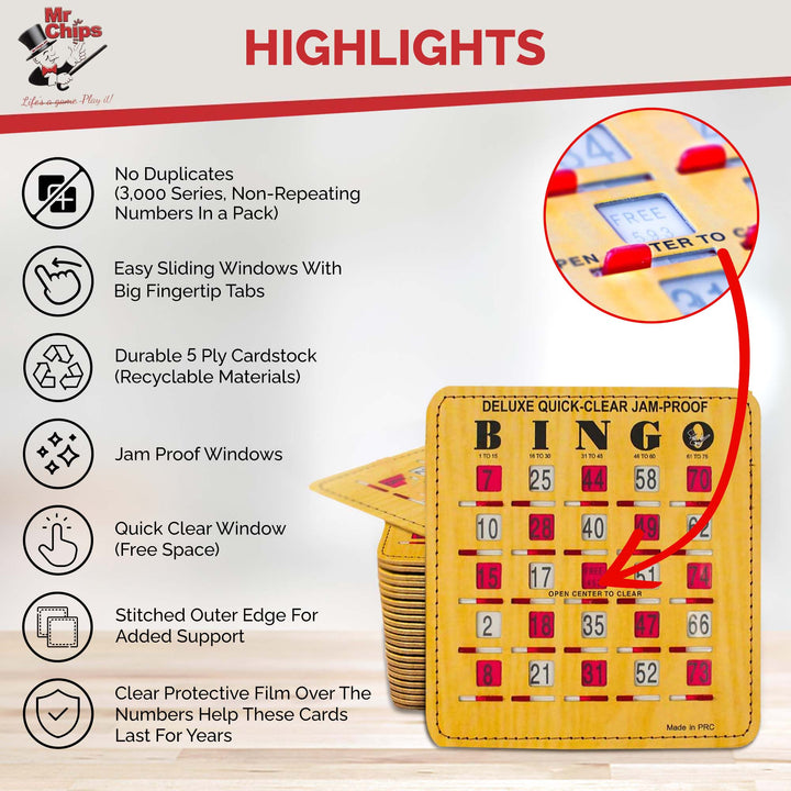 Mr. Chips offers non-repeating bingo slide cards, easy sliding windows with big fingertip tabs, Quick Clear window for rapid reset games, clear protective film, durable cardstock using recyclable materials, and JAM PROOF windows.