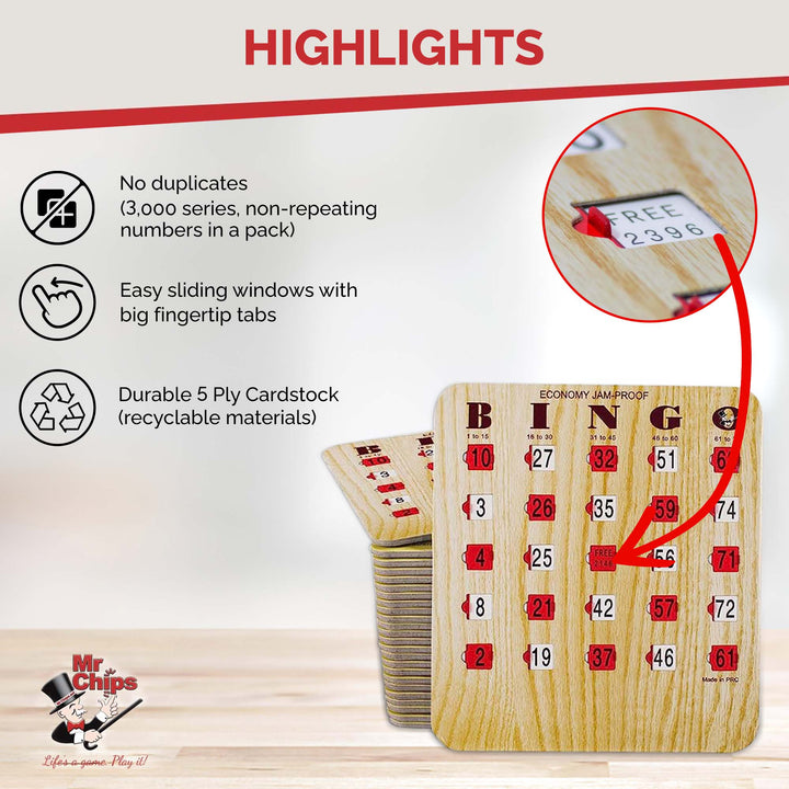 Mr. Chips offers non-repeating bingo slide cards, easy sliding windows with big fingertip tabs, durable cardstock using recyclable materials, and JAM PROOF windows.