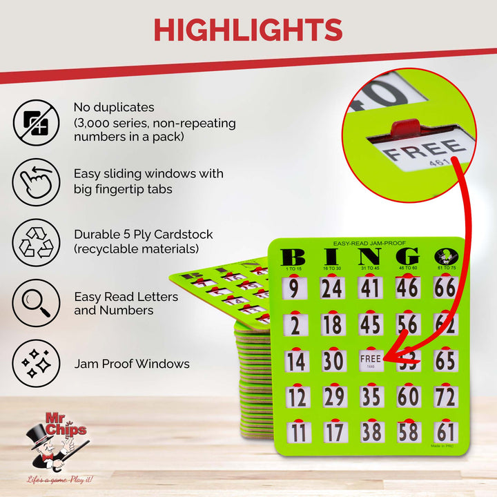 Mr. Chips offers non-repeating bingo slide cards, easy sliding windows with big fingertip tabs, durable cardstock using recyclable materials, and JAM PROOF windows.