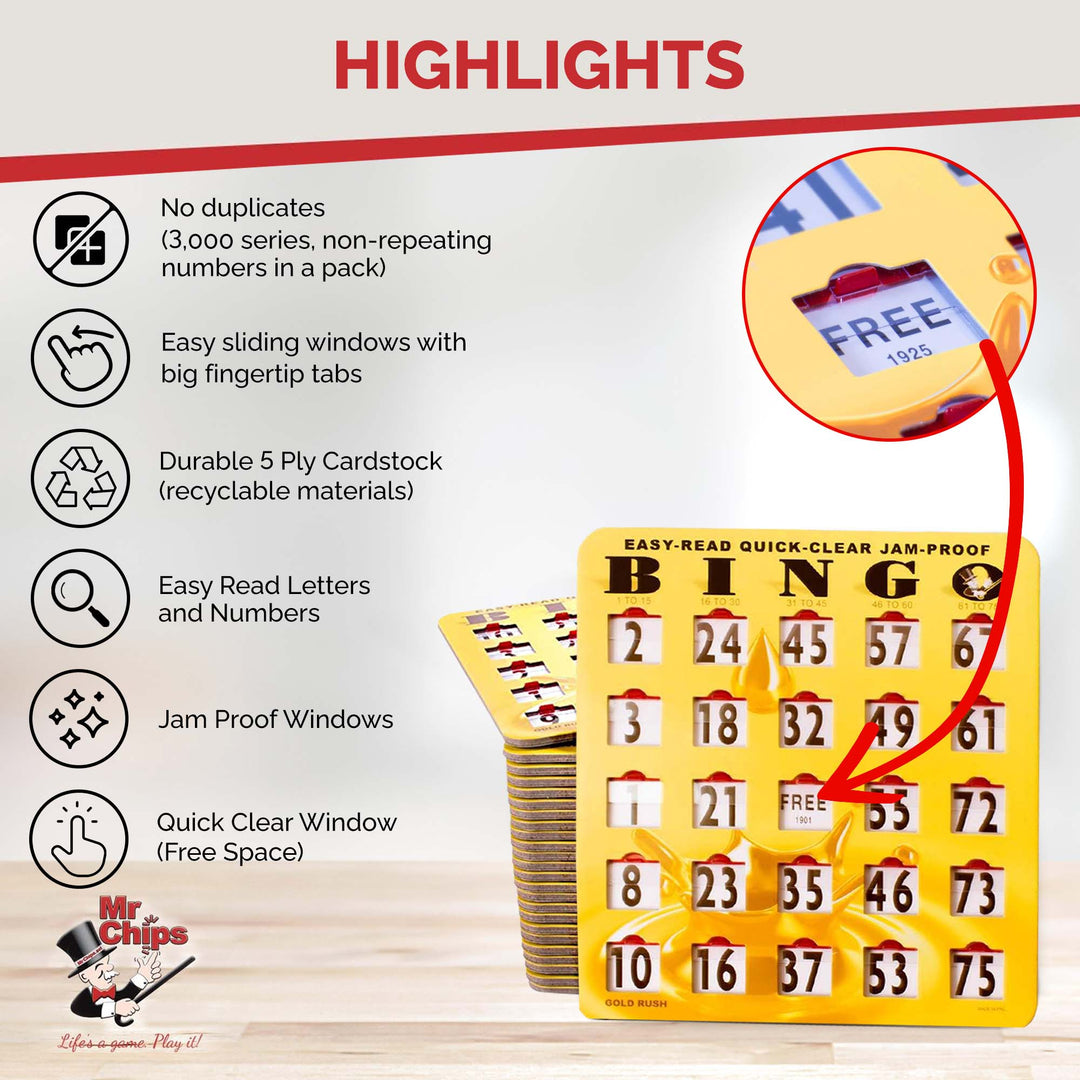 Mr. Chips offers non-repeating bingo slide cards, easy sliding windows with big fingertip tabs, durable cardstock using recyclable materials, and JAM PROOF windows.