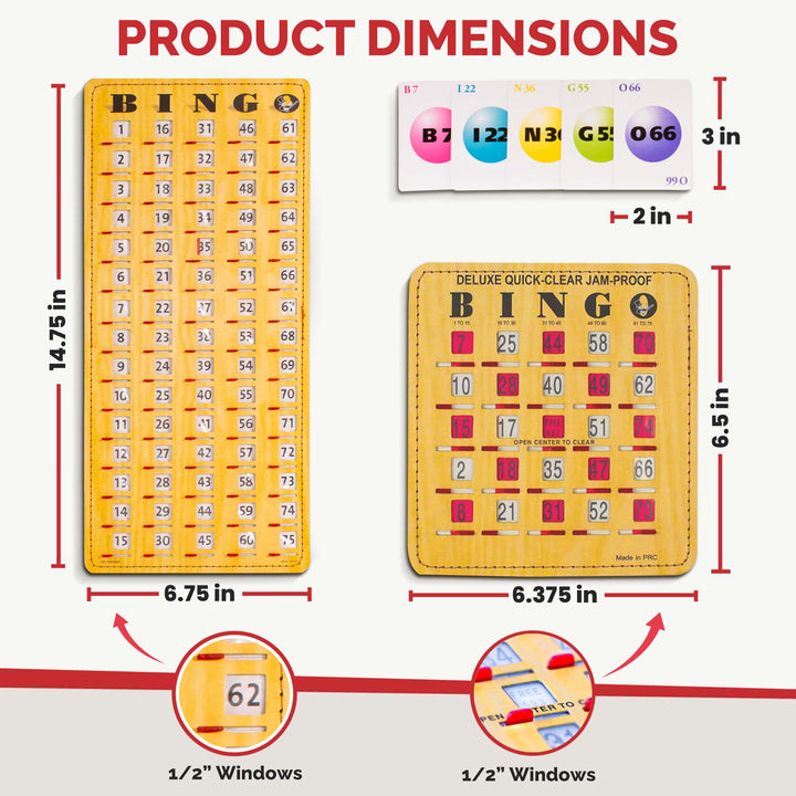 This complete bingo game features 1/2 inch sliding windows. Large bingo slide shutter cards feature large fingertip tabs.