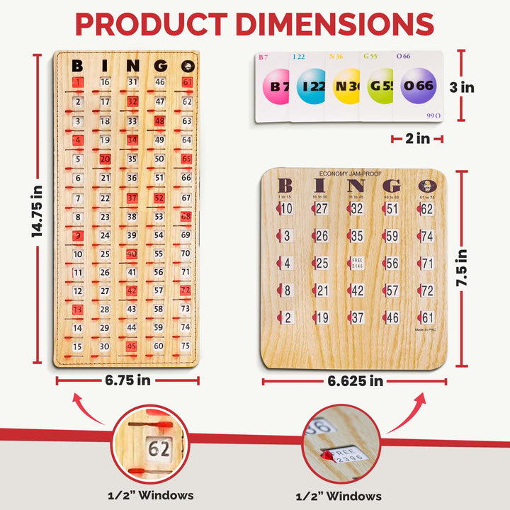 This complete bingo game features 1/2 inch sliding windows. Large bingo slide shutter cards feature large fingertip tabs. 