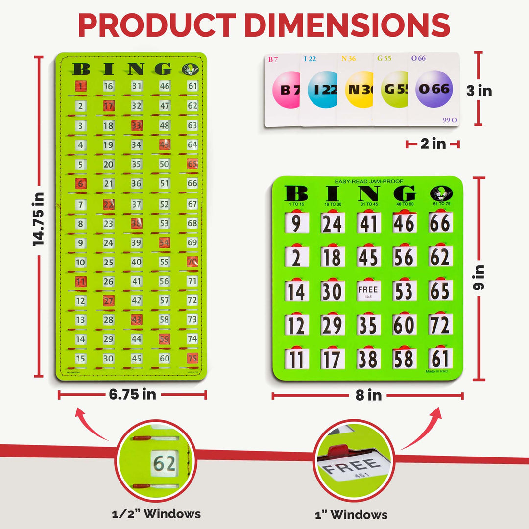This complete bingo game features large 1 inch sliding windows. Large bingo slide shutter cards feature large fingertip tabs.