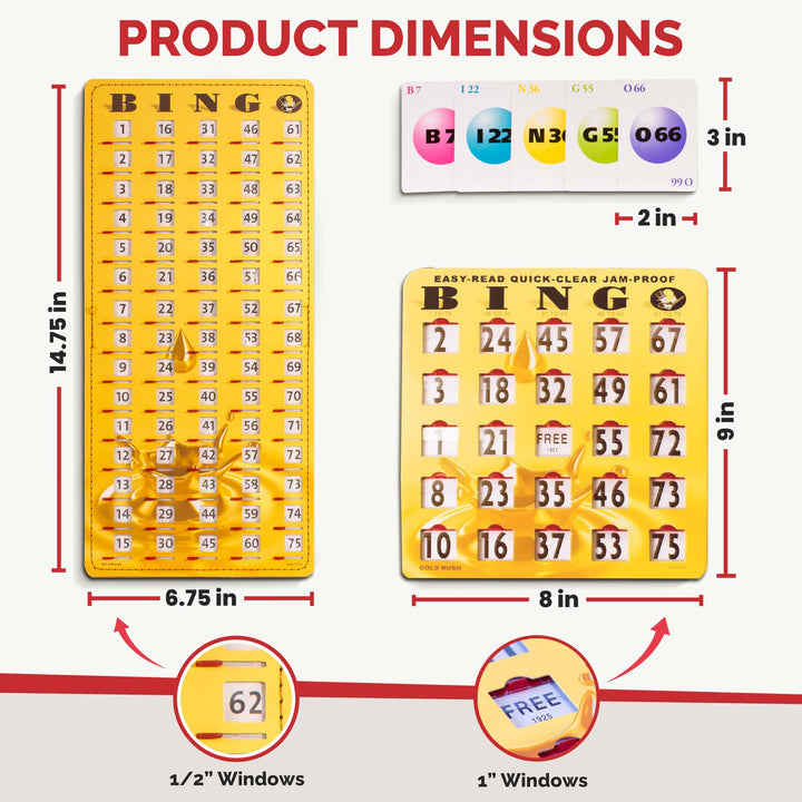 This complete bingo game features large 1 inch sliding windows. Large bingo slide shutter cards feature large fingertip tabs.