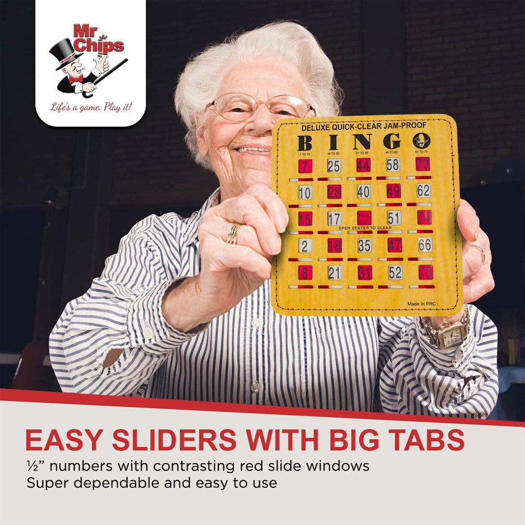 Easy Sliders with big tabs. Featuring 1/2 inch numbers with contrasting red slide windows. Super dependable and easy to use. We have the best bingo products around!