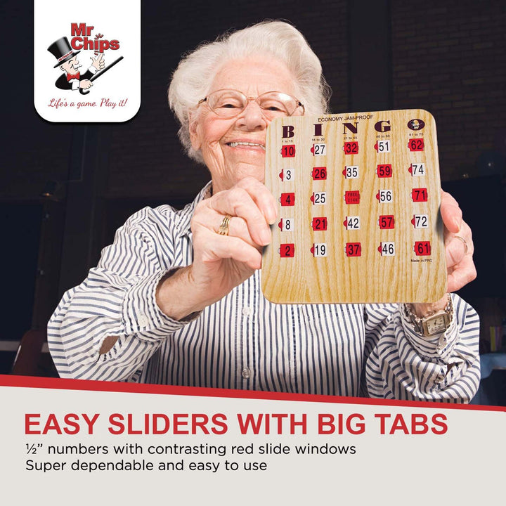 Easy Sliders with big tabs. Featuring 1/2 inch numbers with contrasting red slide windows. Super dependable and easy to use. We have the best bingo products around!