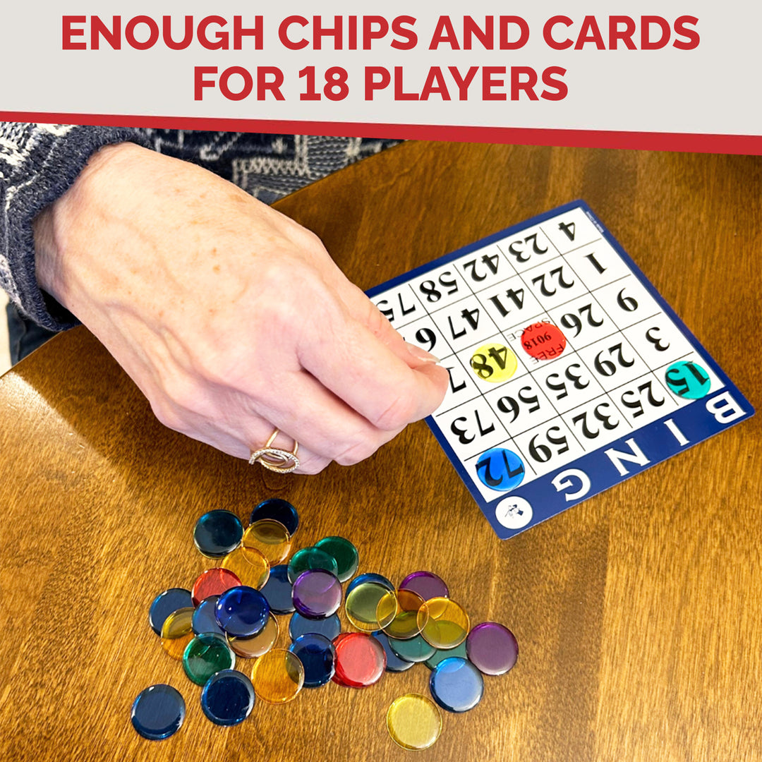 Bingo Game with Bingo Cards and Chips, 18 Bingo Cards, 300 Bingo Chips and Bingo Calling Cards