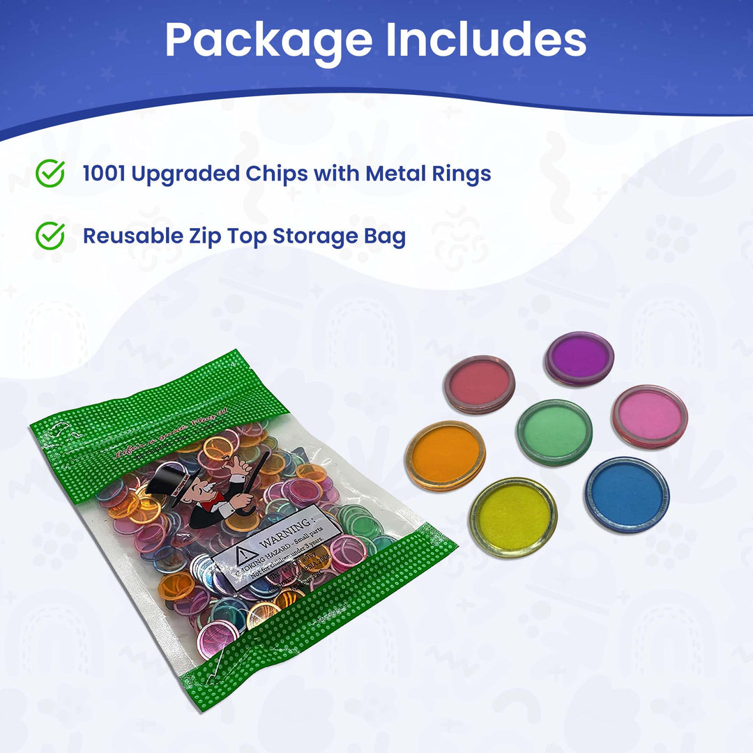 Magnetic Bingo Chips with Metal Edge 3/4 Inch - 1,001 Count Bags - Upgraded Transparent Bingo Chips - 7 Color Assorted Mix