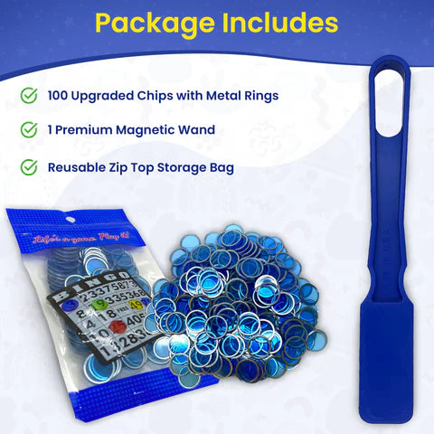Made in USA Bingo Magnetic Wand &amp; 100 ¾ Inch Blue Plastic Chips with Metal Rings - Upgraded Bingo Chips, USA Made to Support American Jobs