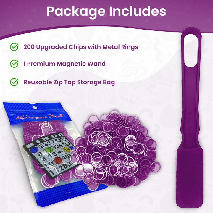 Made in USA Bingo Magnetic Wand &amp; 200 ¾ Inch Blue Plastic Chips with Metal Rings - Upgraded Bingo Chips, USA Made to Support American Jobs