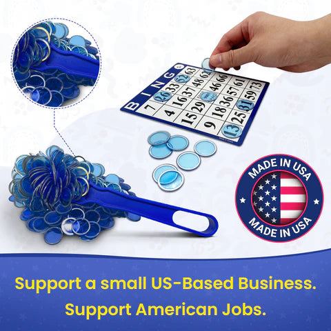 Made in USA Bingo Magnetic Wand &amp; 100 ¾ Inch Blue Plastic Chips with Metal Rings - Upgraded Bingo Chips, USA Made to Support American Jobs