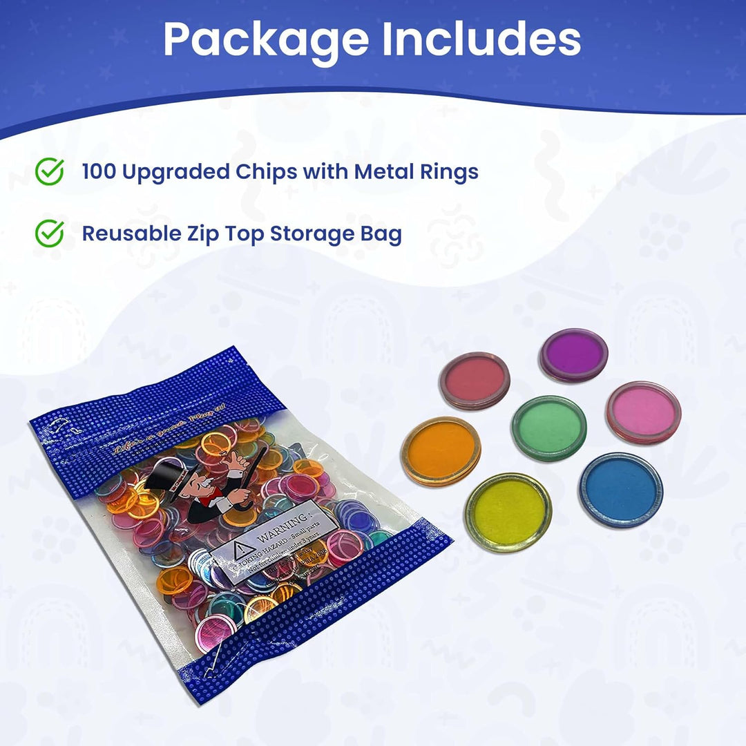 Magnetic Bingo Chips with Metal Edge 3/4 Inch - 100 Count Bags - Upgraded Transparent Bingo Chips - Available in 7 Colors in A Reusable Bag