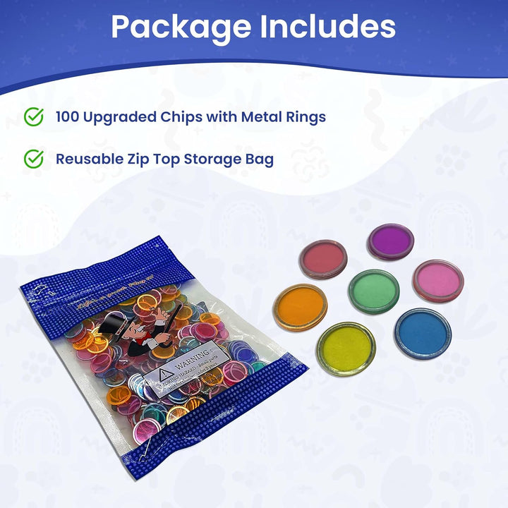 Magnetic Bingo Chips with Metal Edge 3/4 Inch - 100 Count Bags - Upgraded Transparent Bingo Chips - Available in 7 Colors in A Reusable Bag
