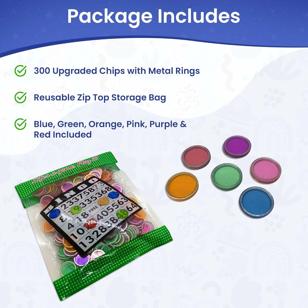 Magnetic Bingo Chips with Metal Edge 3/4 Inch - 300 Count Bags - Upgraded Transparent Bingo Chips - Available in 7 Colors in A Reusable Bag
