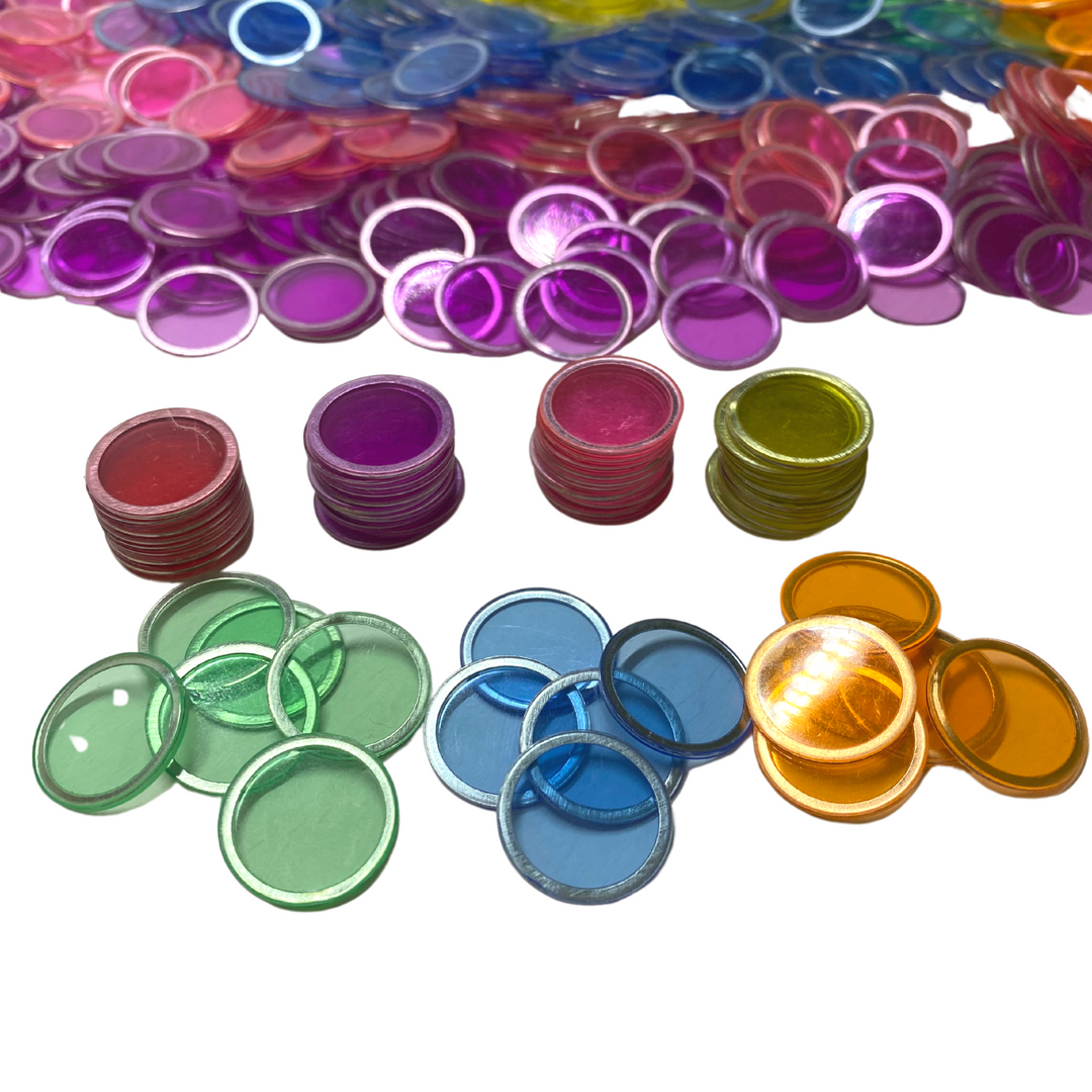 Magnetic Bingo Chips with Metal Edge 3/4 Inch - 1,001 Count Bags - Upgraded Transparent Bingo Chips - 7 Color Assorted Mix