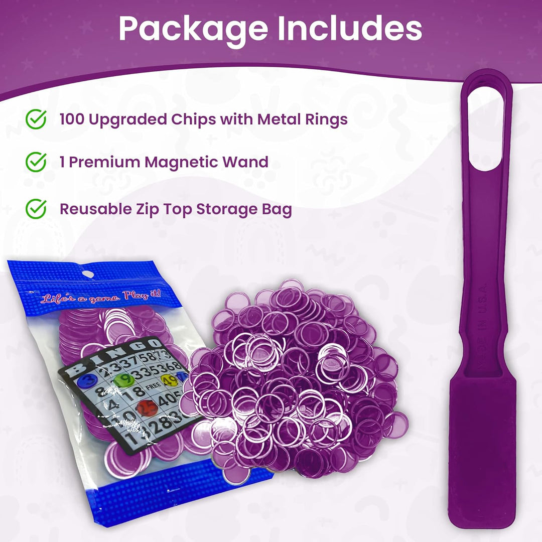 Made in USA Bingo Magnetic Wand &amp; 100 ¾ Inch Blue Plastic Chips with Metal Rings - Upgraded Bingo Chips, USA Made to Support American Jobs