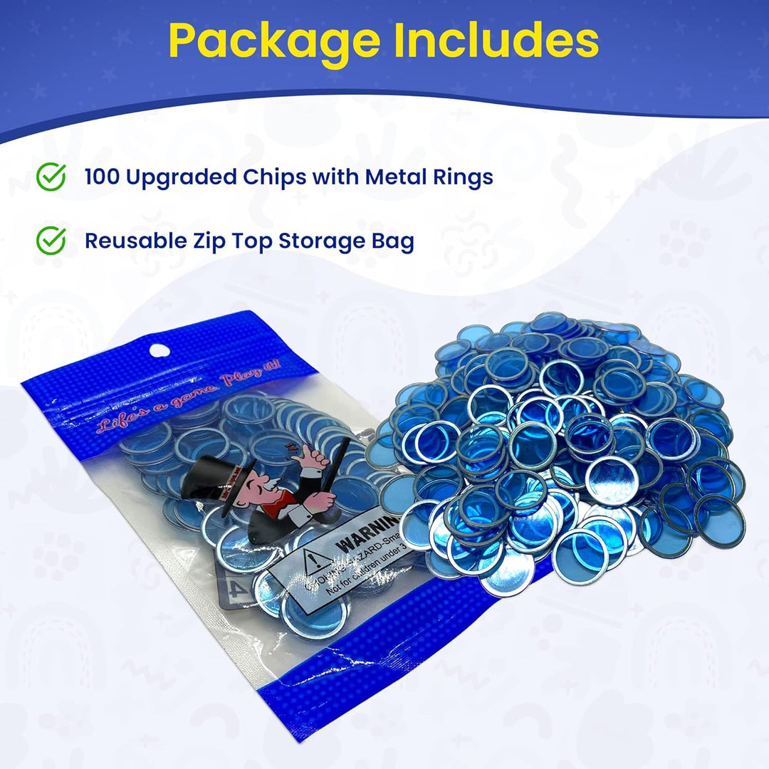 Magnetic Bingo Chips with Metal Edge 3/4 Inch - 100 Count Bags - Upgraded Transparent Bingo Chips - Available in 7 Colors in A Reusable Bag