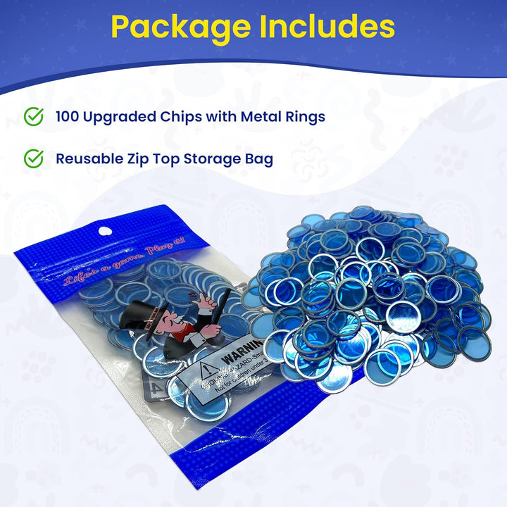 Magnetic Bingo Chips with Metal Edge 3/4 Inch - 100 Count Bags - Upgraded Transparent Bingo Chips - Available in 7 Colors in A Reusable Bag