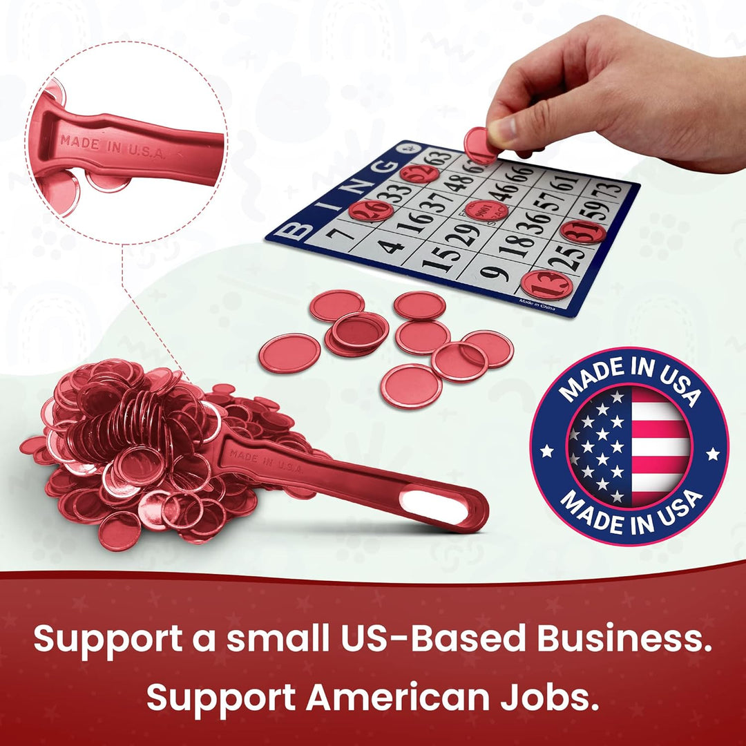 Made in USA Bingo Magnetic Wand &amp; 100 ¾ Inch Blue Plastic Chips with Metal Rings - Upgraded Bingo Chips, USA Made to Support American Jobs
