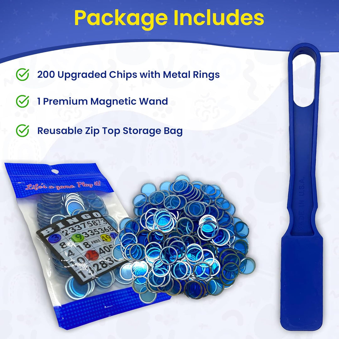 Made in USA Bingo Magnetic Wand &amp; 200 ¾ Inch Blue Plastic Chips with Metal Rings - Upgraded Bingo Chips, USA Made to Support American Jobs