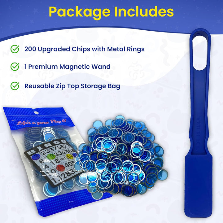 Made in USA Bingo Magnetic Wand &amp; 200 ¾ Inch Blue Plastic Chips with Metal Rings - Upgraded Bingo Chips, USA Made to Support American Jobs