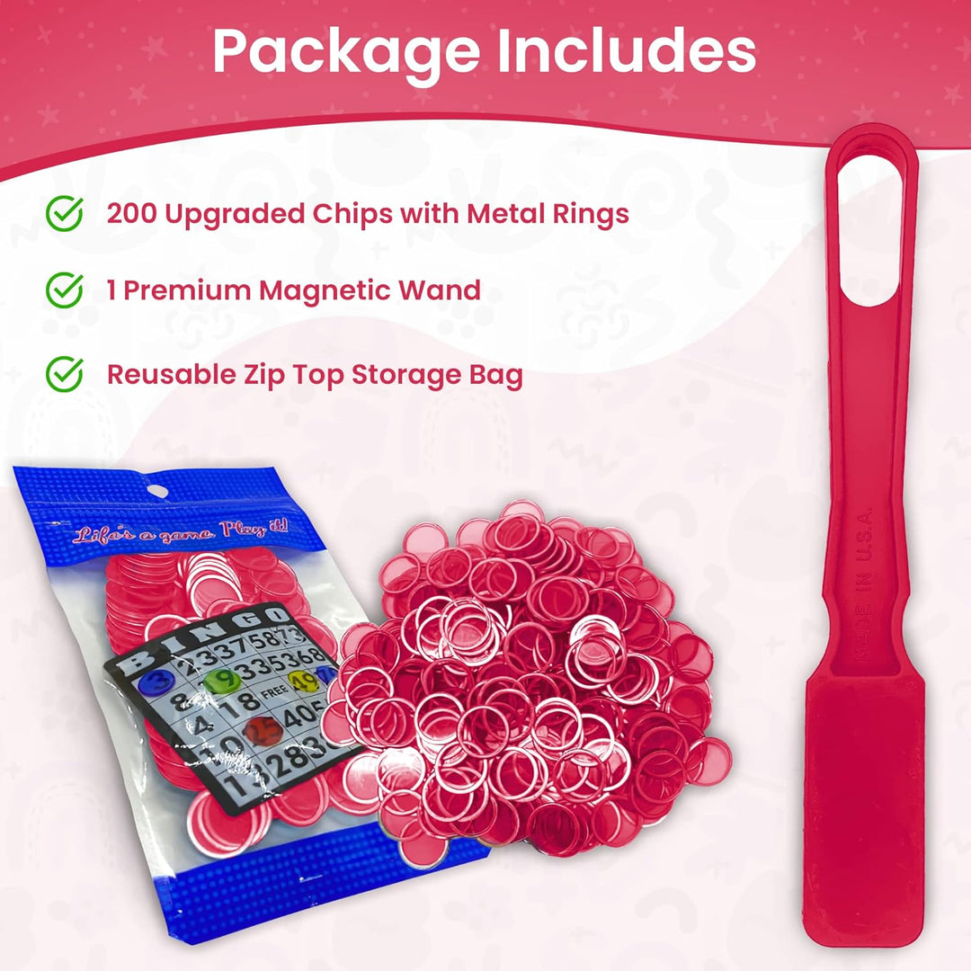 Made in USA Bingo Magnetic Wand &amp; 200 ¾ Inch Blue Plastic Chips with Metal Rings - Upgraded Bingo Chips, USA Made to Support American Jobs
