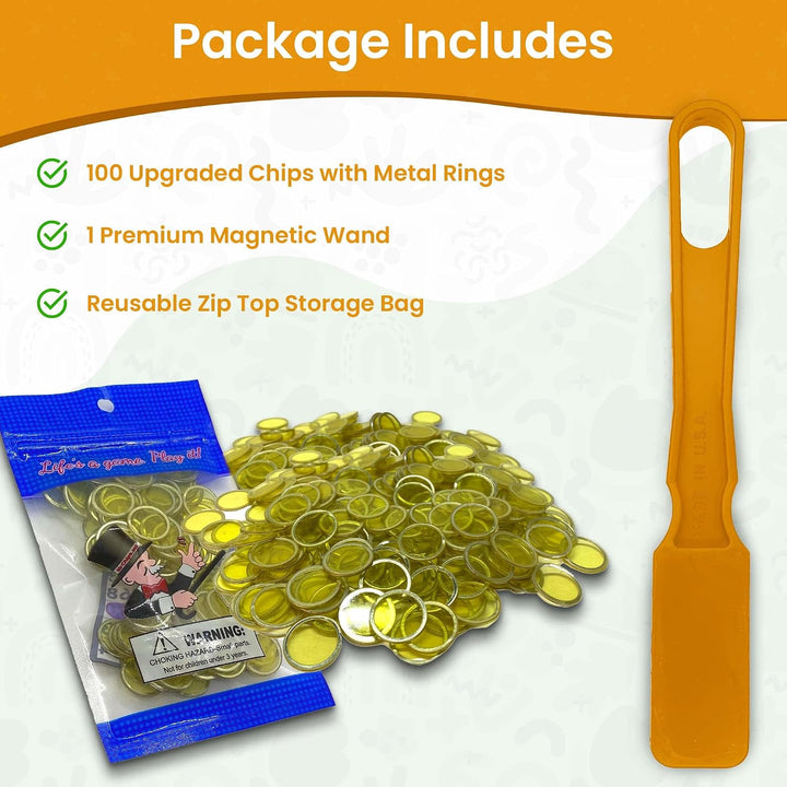 Made in USA Bingo Magnetic Wand &amp; 100 ¾ Inch Blue Plastic Chips with Metal Rings - Upgraded Bingo Chips, USA Made to Support American Jobs