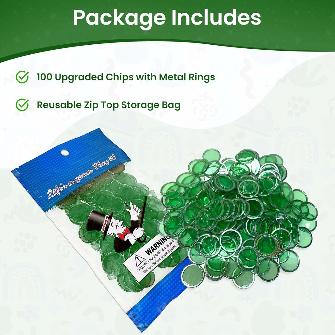 Magnetic Bingo Chips with Metal Edge 3/4 Inch - 100 Count Bags - Upgraded Transparent Bingo Chips - Available in 7 Colors in A Reusable Bag