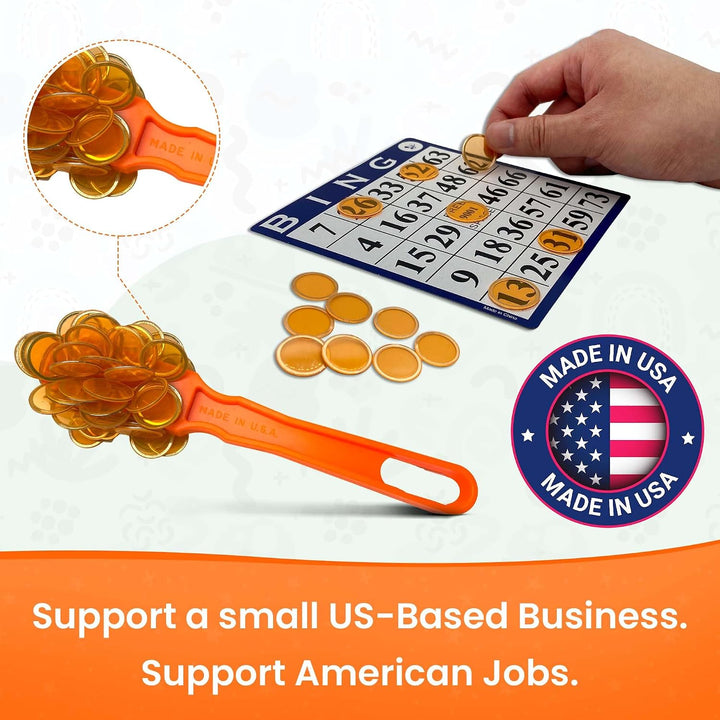 Made in USA Bingo Magnetic Wand &amp; 200 ¾ Inch Blue Plastic Chips with Metal Rings - Upgraded Bingo Chips, USA Made to Support American Jobs