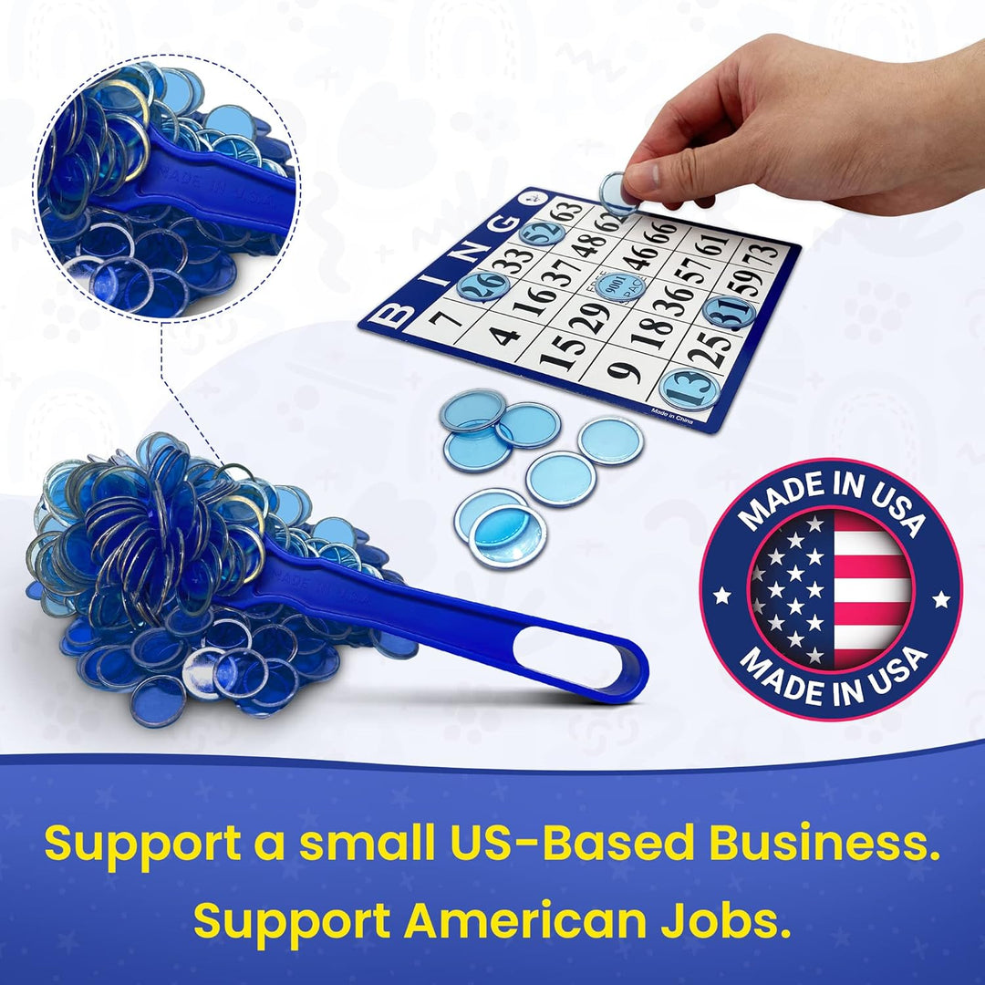 Made in USA Bingo Magnetic Wand &amp; 200 ¾ Inch Blue Plastic Chips with Metal Rings - Upgraded Bingo Chips, USA Made to Support American Jobs