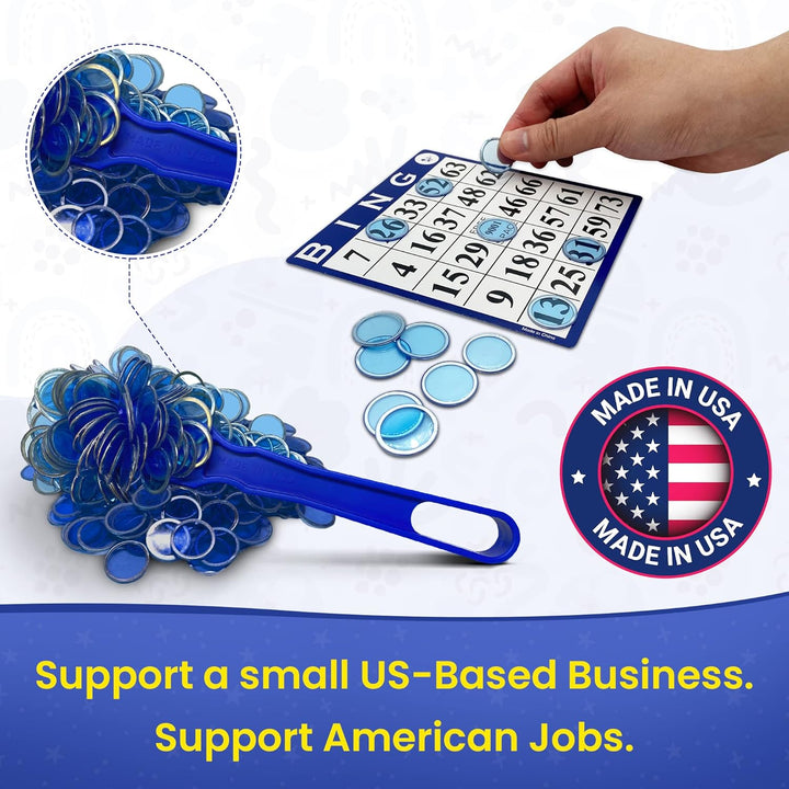 Made in USA Bingo Magnetic Wand &amp; 200 ¾ Inch Blue Plastic Chips with Metal Rings - Upgraded Bingo Chips, USA Made to Support American Jobs
