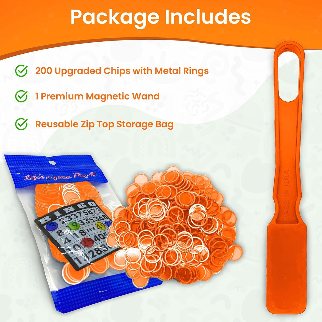 Made in USA Bingo Magnetic Wand &amp; 200 ¾ Inch Blue Plastic Chips with Metal Rings - Upgraded Bingo Chips, USA Made to Support American Jobs
