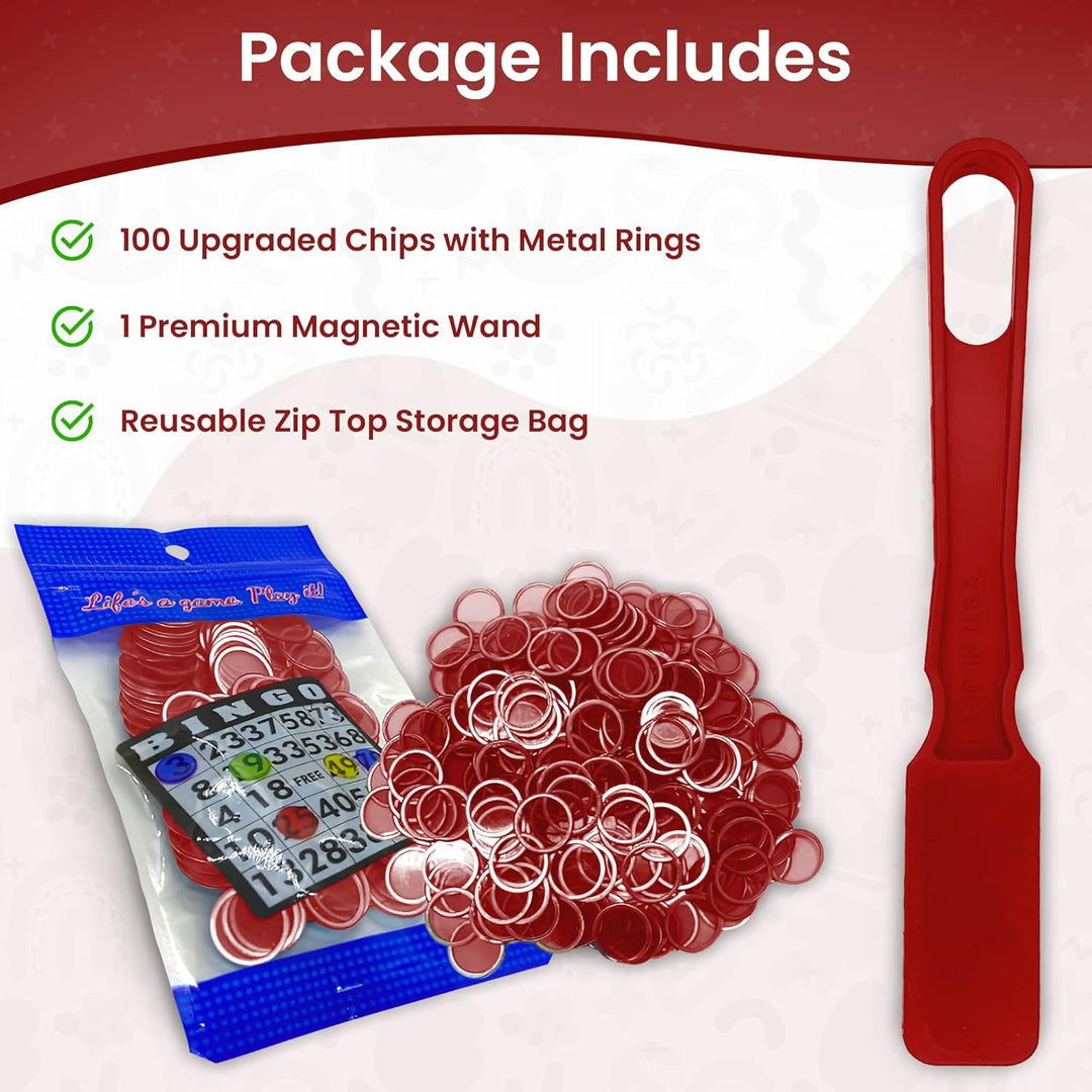 Made in USA Bingo Magnetic Wand &amp; 100 ¾ Inch Blue Plastic Chips with Metal Rings - Upgraded Bingo Chips, USA Made to Support American Jobs