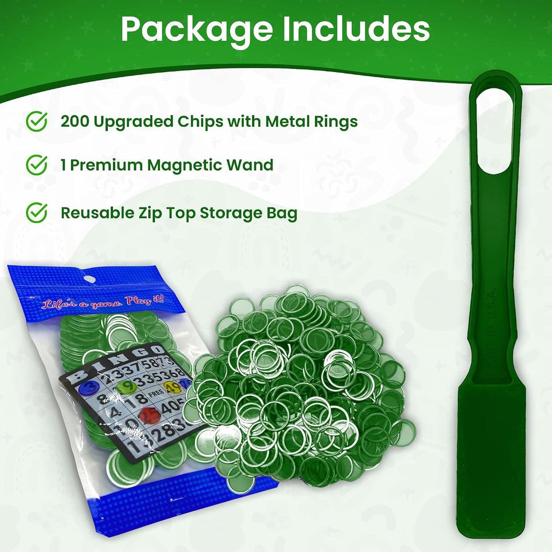 Made in USA Bingo Magnetic Wand &amp; 200 ¾ Inch Blue Plastic Chips with Metal Rings - Upgraded Bingo Chips, USA Made to Support American Jobs
